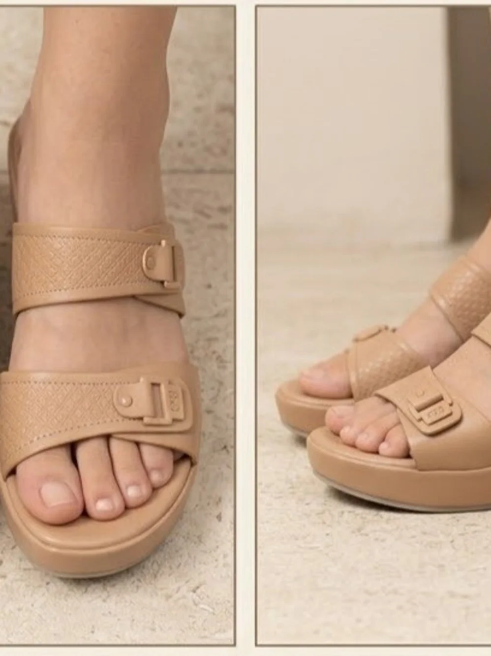 Women’s Tan Wedge Slide Sandals with Dual Straps